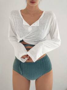 DAZY 1pc Women's Buttoned Half Placket Long Sleeve Cover Up Top Summer Vacation Outfits Women - White - View 5