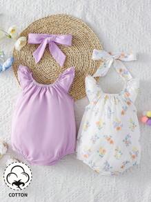 可愛優雅的花卉印花波浪袖連髮箍套裝嬰兒女寶寶連體衣 - 彩色 - 查看 2
