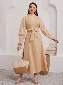 Mulvari Women's Stand-Up Collar Lace Splicing Waist Belt Arabian Dress