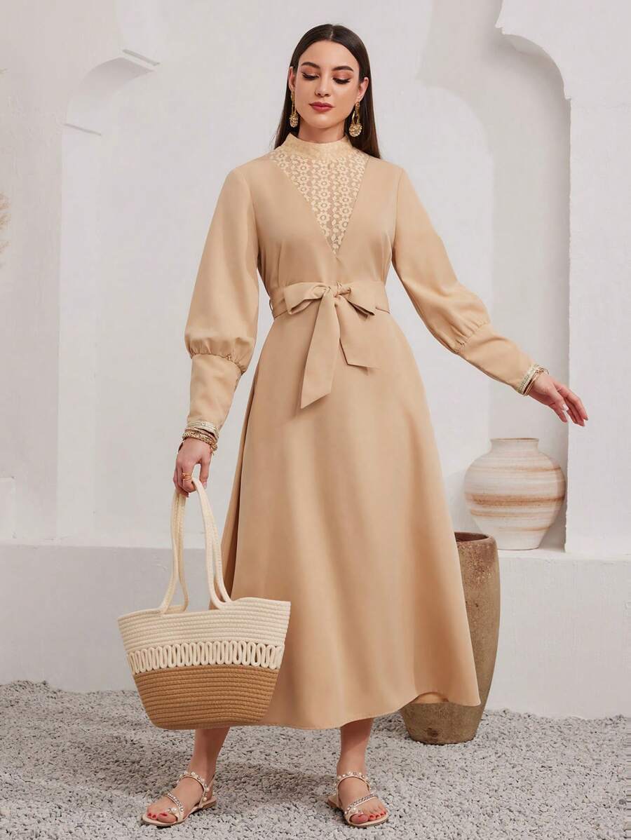 Mulvari Women's Stand-Up Collar Lace Splicing Waist Belt Arabian Dress