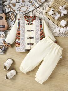 幾何印花嬰兒男童漢服,開襟長袖襯衫和長褲,適用於表演