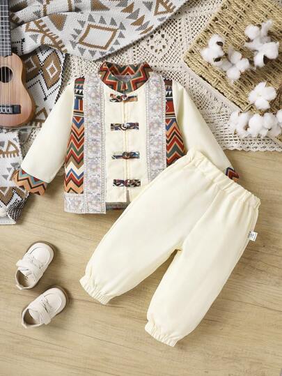 幾何印花嬰兒男童漢服,開襟長袖襯衫和長褲,適用於表演