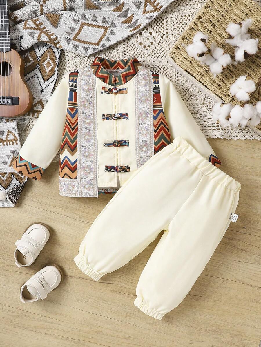 幾何印花嬰兒男童漢服,開襟長袖襯衫和長褲,適用於表演