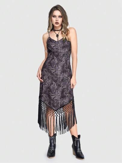 Goth Full Print Paisley Pattern Fringed Hem Spaghetti Strap Dress