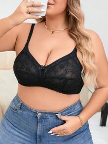 Plus Size Women's Lace Wireless Bra - Black - View 1