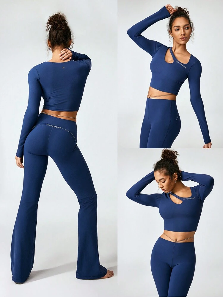 FeatherFit™ Glow For It Peak Performance Long Sleeve Asymmetrical Cutout Cropped Top Low Impact Yoga Pilates