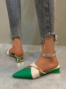 Green Stiletto Heels Pointed Toe Fashionable Shoes With Chunky Heel For Spring And Autumn - Green - View 6
