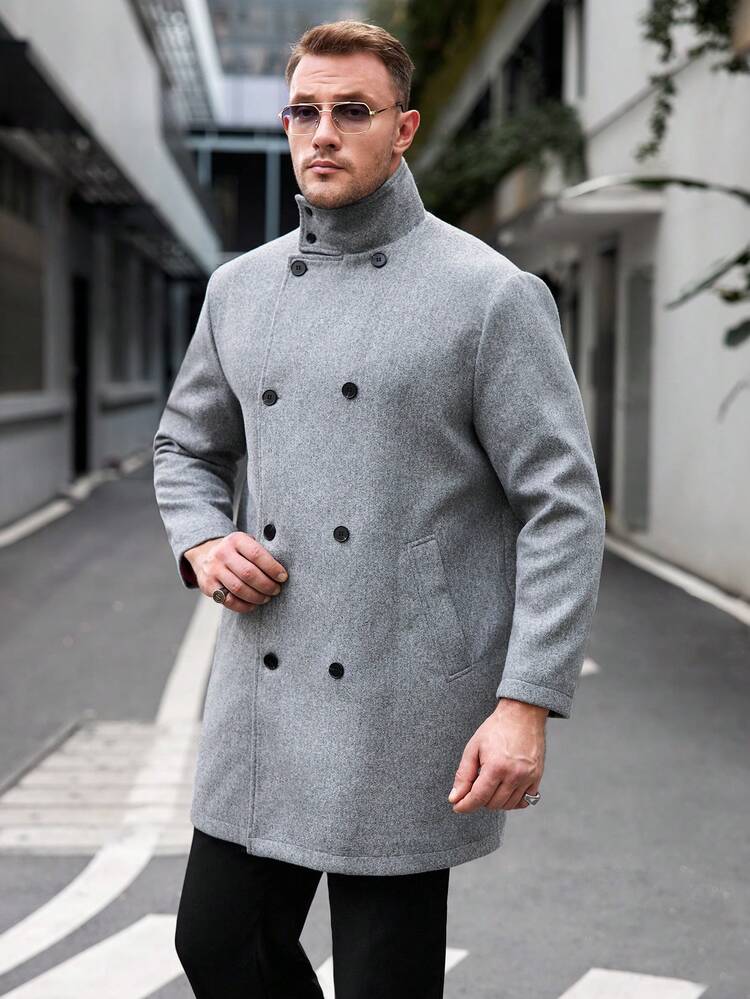 Men's Plus Size Double-Breasted Woven Casual Overcoat, For Fall Winter