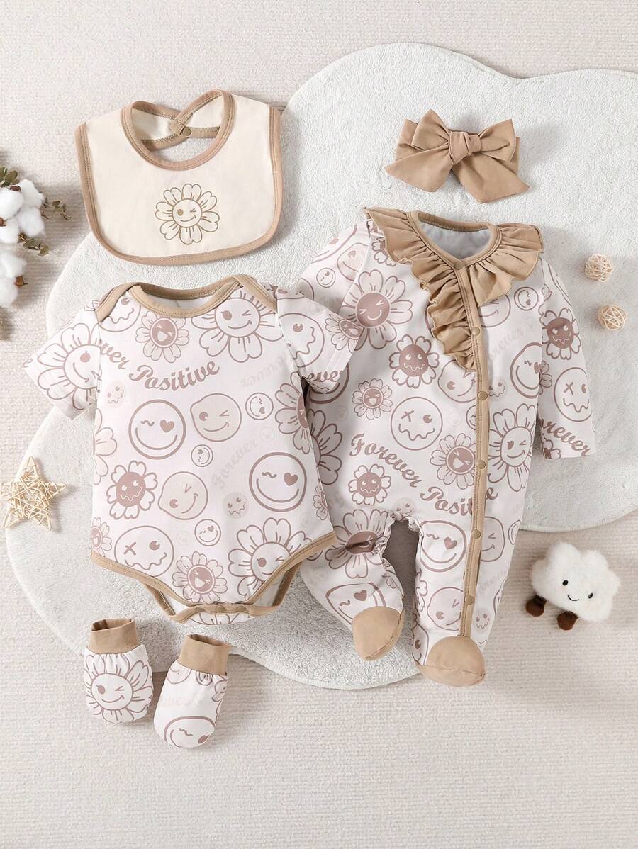 Conjunto de ropa de hogar para bebé niña con impresión de dibujos animados lindos consta de 5 piezas, incluyendo enterizo con pies manga larga, mameluco manga corta, guantes, babero y lazo para el cabello