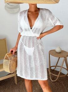 SHEIN Swim 1 件女式针织罩衫连衣裙，带围脖领口和孔眼细节，夏季 - 白色 - 查看 5