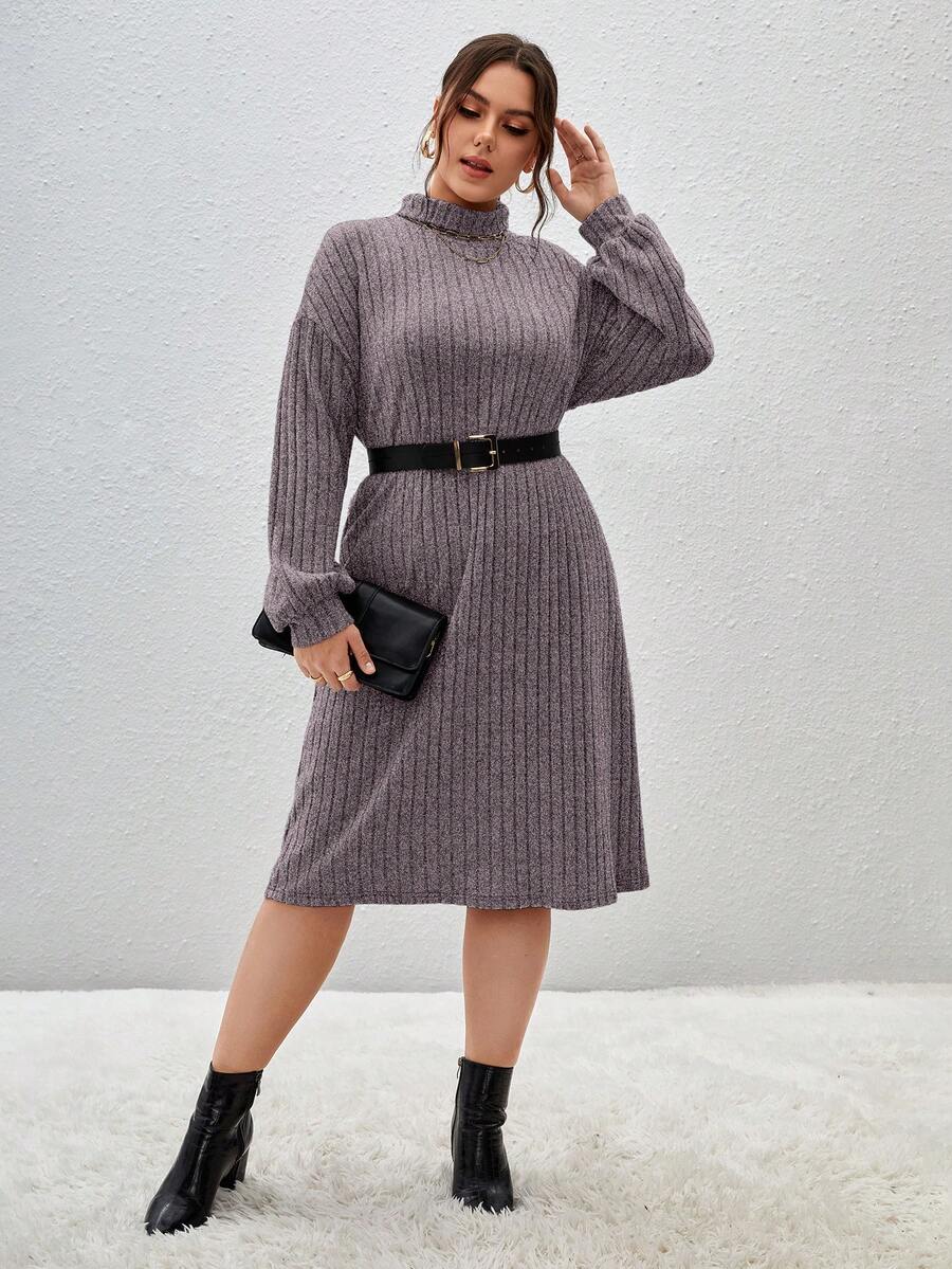 SHEIN Essnce Plus Size Women's Turtleneck Ribbed Dress - Multicolor - View 1