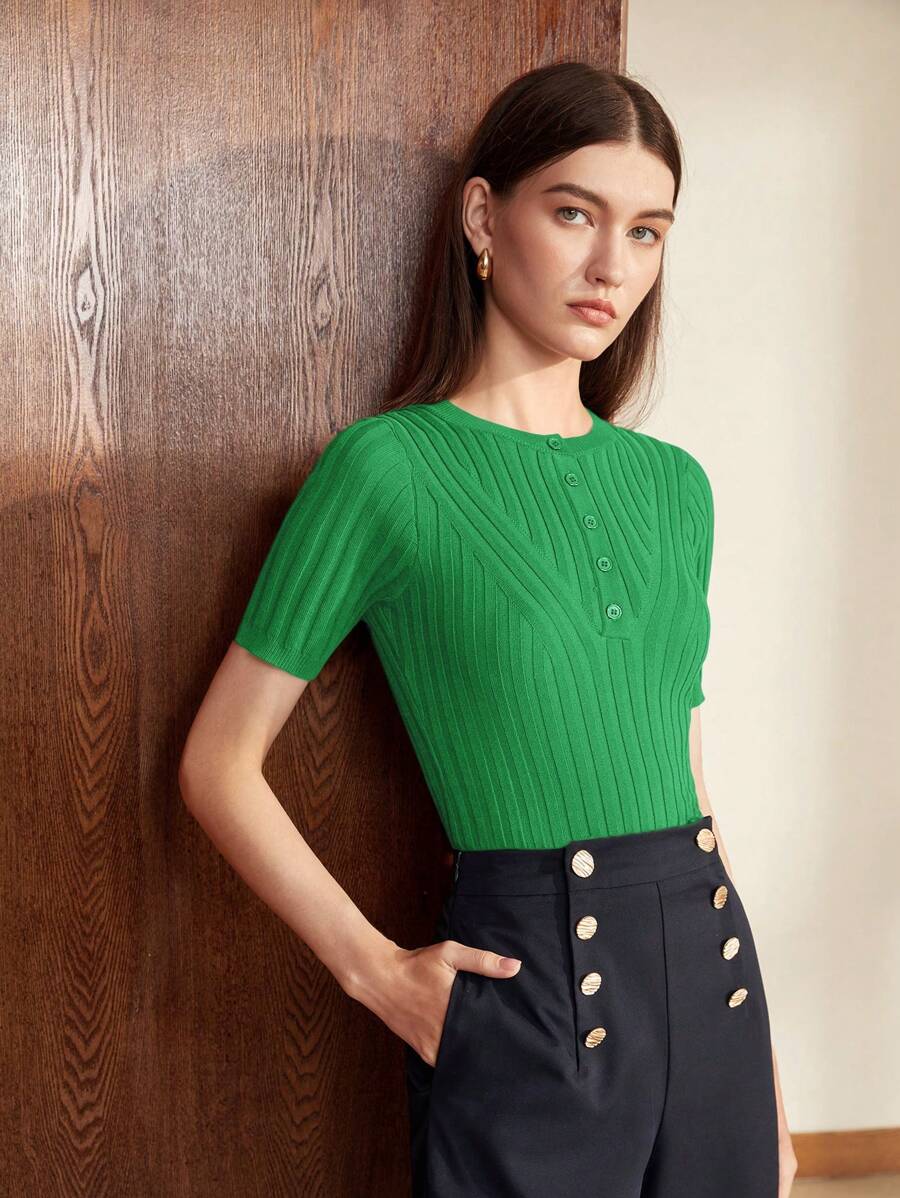BizChic Ngắn tay Nút Nửa Dệt kim Áo - màu xanh lá - Xem 1