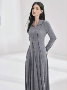 Seusyu 女式撞色滚边拉链半襟长袖端庄连衣裙，卷边下摆长裙冬季