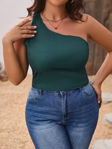 Calvaya 大尺碼單肩薄紗條紋針織背心 - 墨綠色 - 查看 4