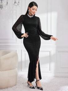 Modelyn Ladies' Ruffle Asymmetrical Hem Mermaid Dress Long Evening Dresses - Black - View 6