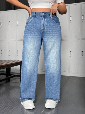 SHEIN ICON Gerade Geschnittene Denim Jeans In Übergröße Für Frauen