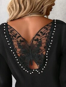 Women's Butterfly Embroidery Back Long Sleeve T-Shirt - Black - View 3