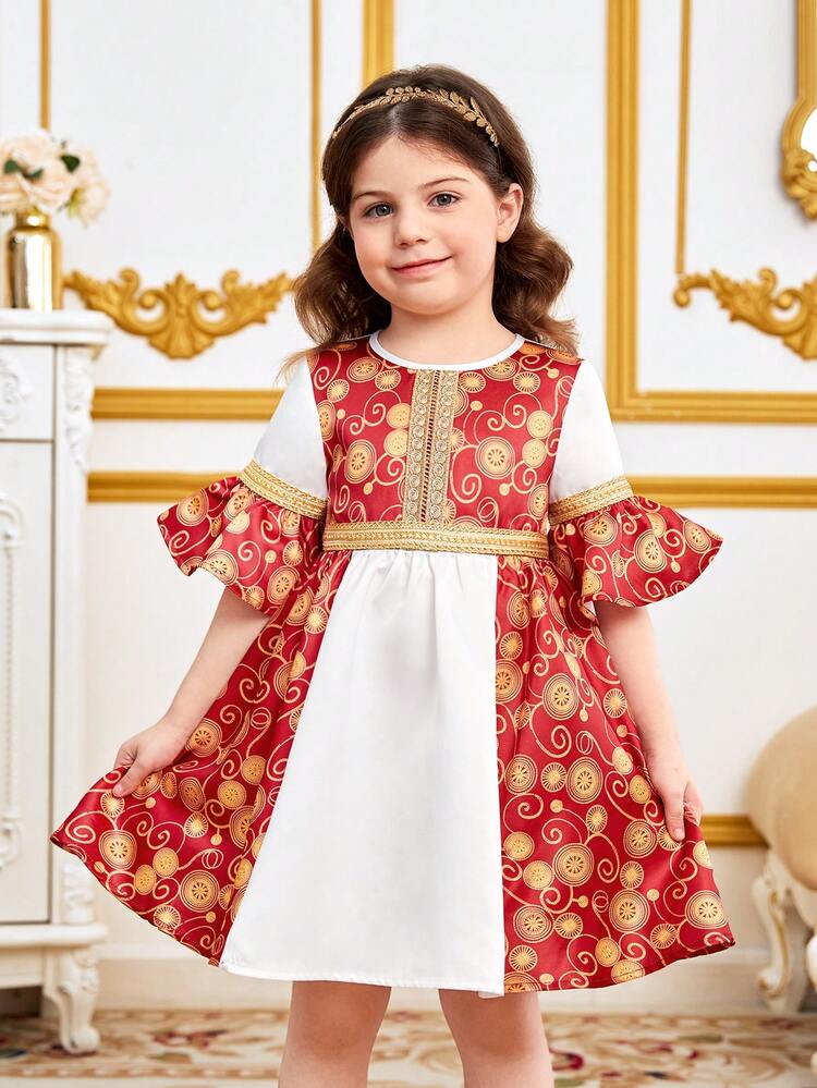 Young Girl Casual Geometric Print Contrast Color Spliced Ribbon Decor Round Neck Dress