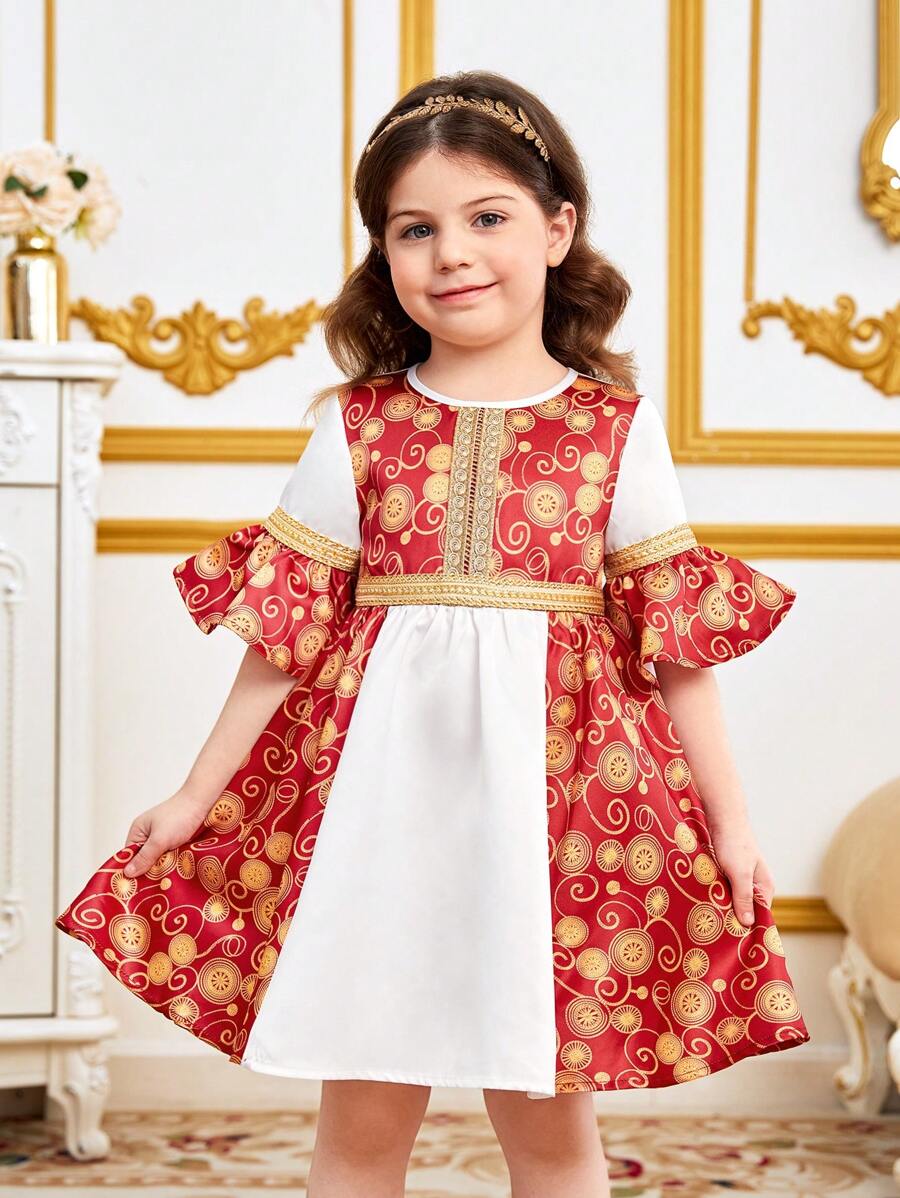 SHEIN Leap Crew Young Girl Casual Geometric Print Contrast Color Spliced Ribbon Decor Round Neck Dress - Red - View 1