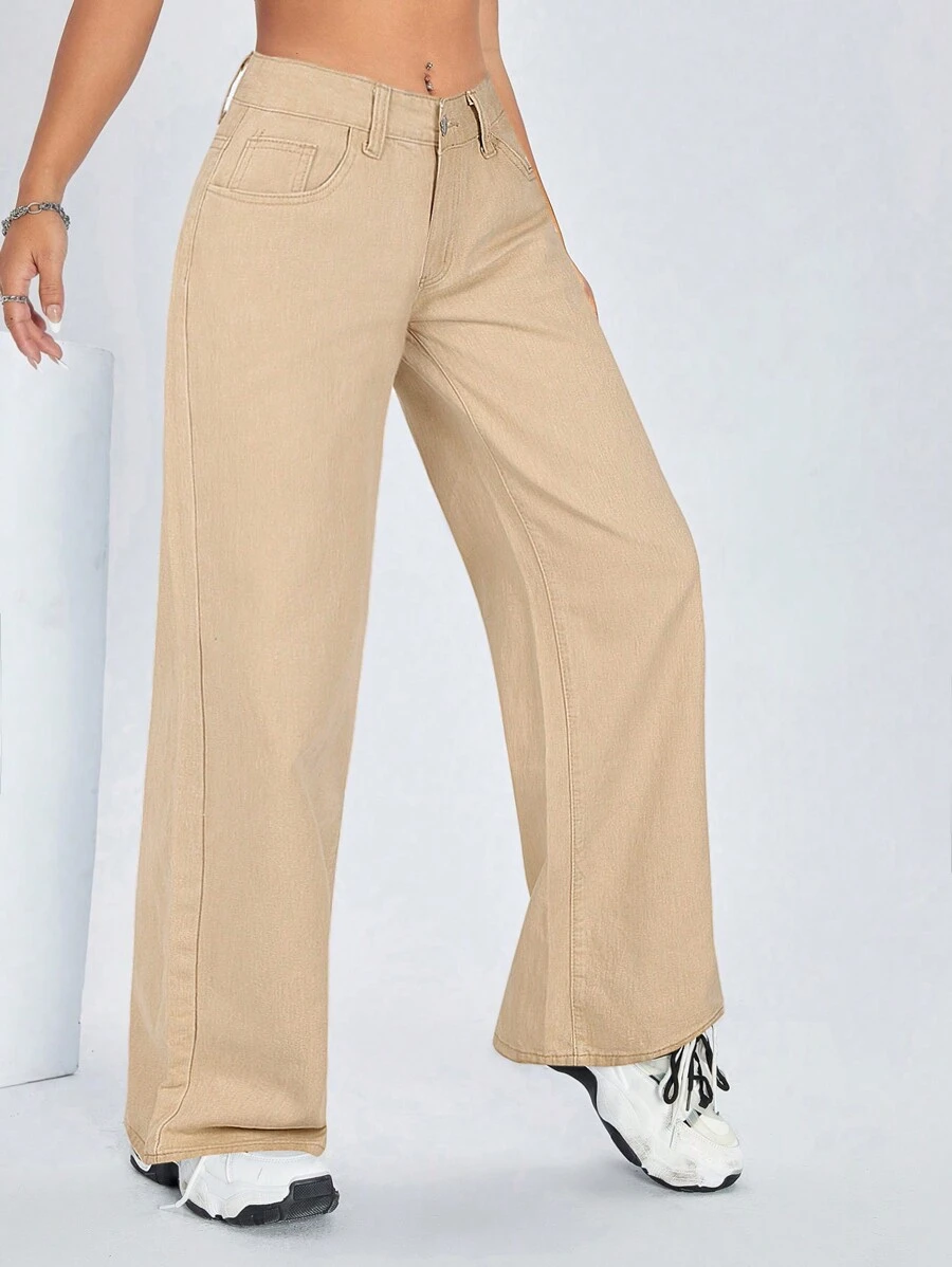SHEIN ICON Women's Jeans Pants With Pockets - Khaki - View 1