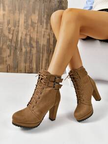 新款女式流行靴,厚跟,圓頭,帶扣,秋冬季舒適百搭高跟靴 - 棕色 - 查看 4