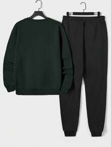 SHEIN Cottnline Men'S Letter Printed Round Neck Sweatshirt & Sweatpants Set - Army Green - View 2