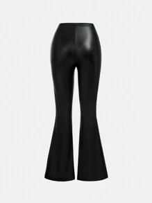 SHEIN Calça Flare Ajustada de Couro Sintético para Meninas Adolescentes, Ideal para Ocasiões Casuais - Preto - Visão 2