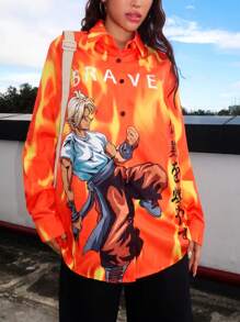 SHEIN EZwear Cămașă cu mânecă lungă cu imprimeu de desene animate