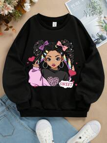 SHEIN Leap Crew Cô gái Tween Giải trí Đồ họa Tay áo dài Vòng cổ Áo nỉ , Hoàn hảo Đối với Mùa thu Và Mùa Đông - màu đen - Xem 1