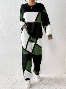 SHEIN Unity Women's Contrast Color Round Neck Long Sleeve Top And Pants Two Piece Set - Green - View 3