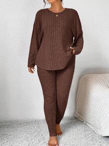 SHEIN CURVE+ 2 件套女士加大码纯色纹理面料休闲风格圆领长袖 T 恤和紧身裤，秋季服装 - 摩卡棕 - 查看 5