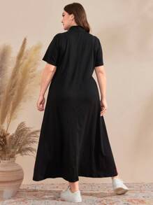 Modelyn Plus Size Color-Block Stand Collar Dress Maxi Women Outfit - Multicolor - View 2