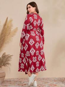 Mulvari Plus Size Women'S Full Print Wrap Collar Dress - Red and White - View 2