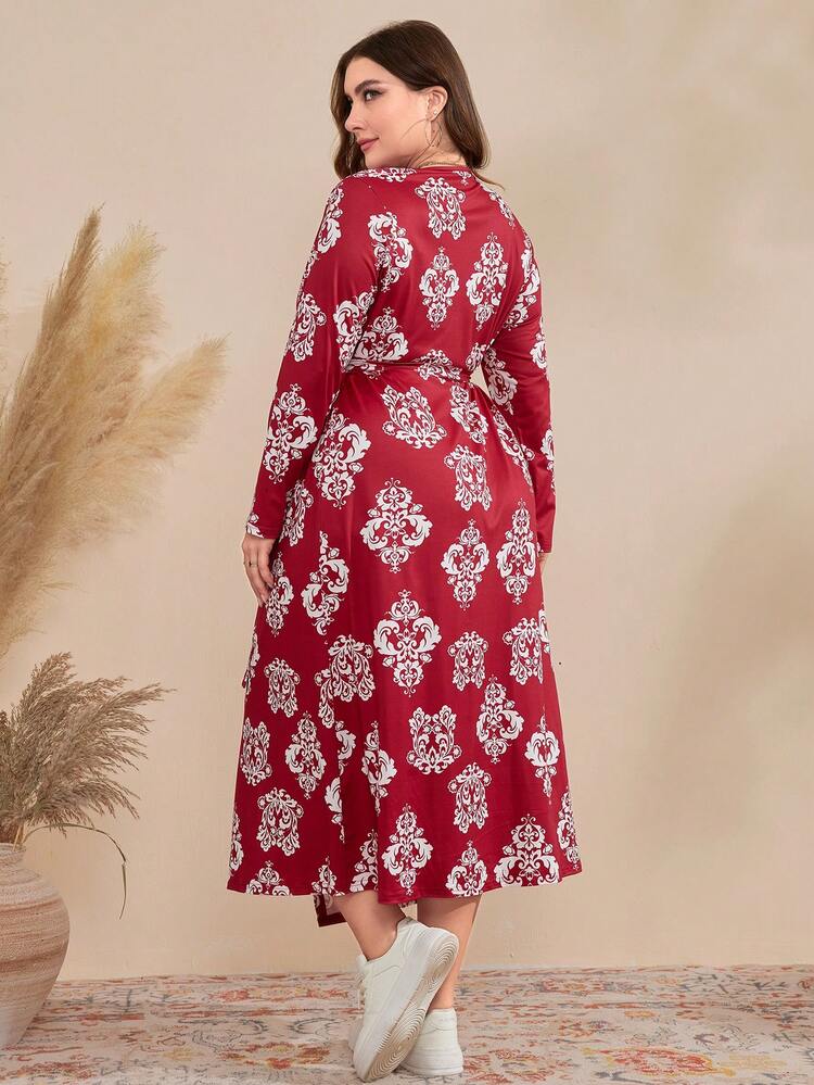 Plus Size Women'S Full Print Wrap Collar Dress