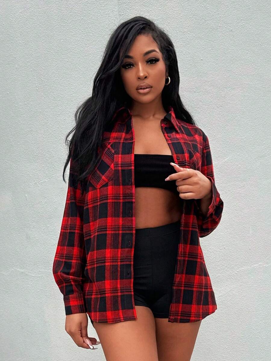 Slaydiva Camisa A Cuadros Rojos Para Mujer - Rojo - Ver 1