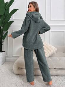 Women's Plush Pajama Set With Button-Up Top And Pants, 3d Ear Detailing - Dark Grey - View 2