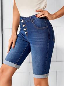 SHEIN LUNE Shorts de mezclilla con botones volados, cintura asimétrica y bajo enrollado para mujer - Azul lavado oscuro - Ver 3