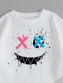 Men Cartoon Graphic Thermal Lined Sweatshirt & Drawstring Waist Shorts - White - View 4