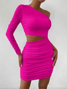 Allurite Solid Color Slim Fit Hollow Out Pleated Dress - Red Violet - View 6