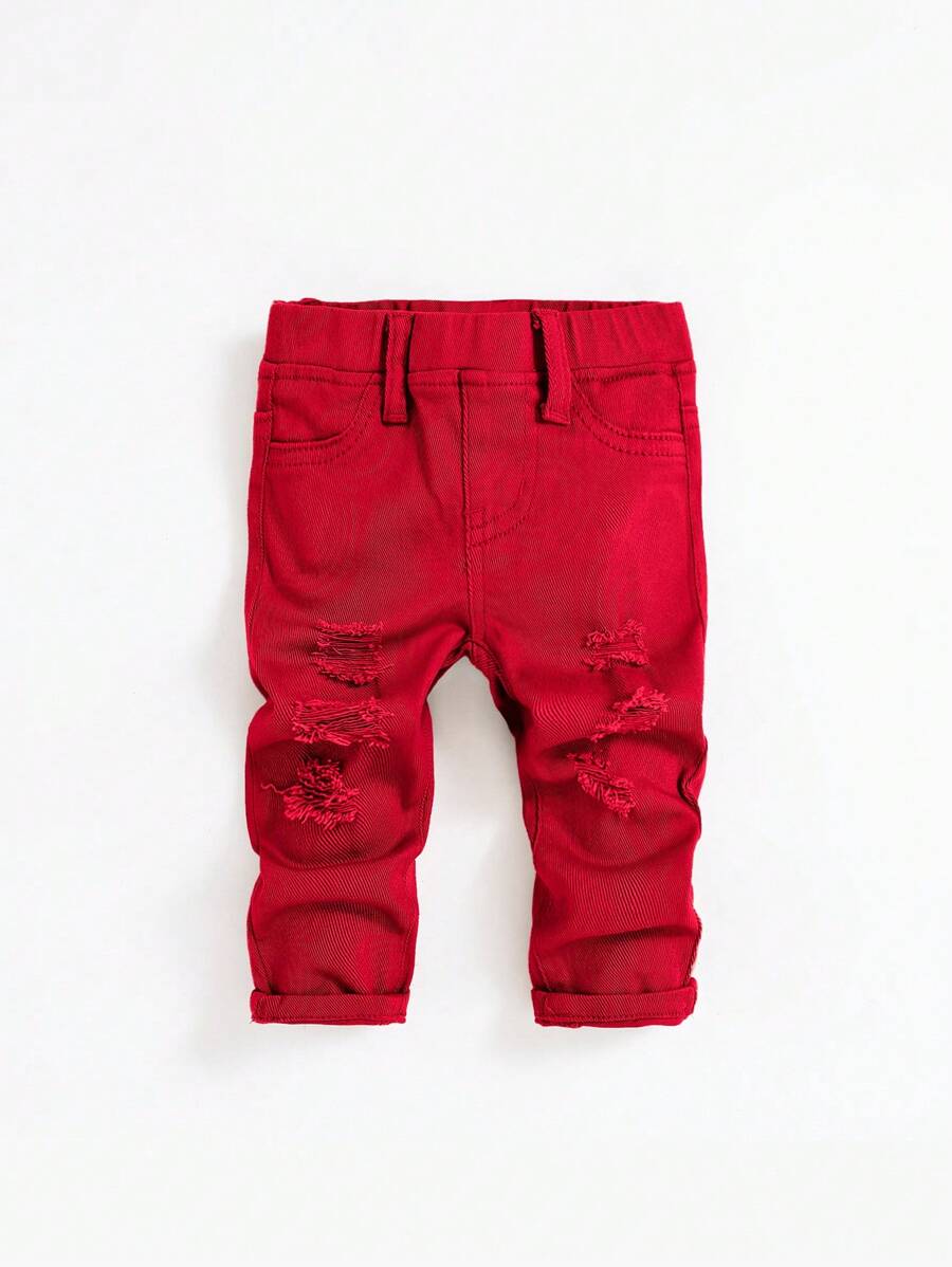 SHEIN Jeans Rasgados De Color Sólido Para Bebé Niño - Rojo - Ver 1