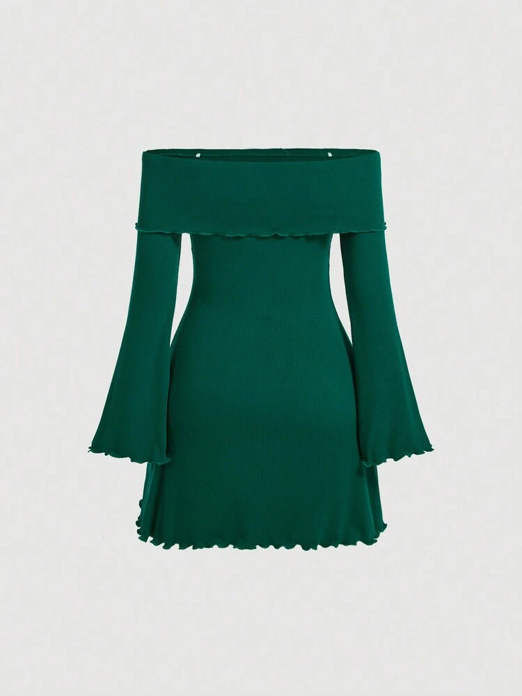 Women's Solid Color Off Shoulder Flared Sleeve Dress