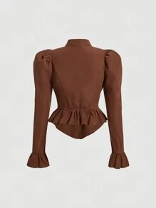 SHEIN MOD Women's Solid Color Puff Sleeve Shirt With Ruffle Hem - Brown - View 2