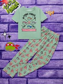 TEENAGE MUTANT NINJA TURTLES | SHEIN Tween Girl Printed Short Sleeve T-Shirt And Long Pants Pajama Set - Green - View 1