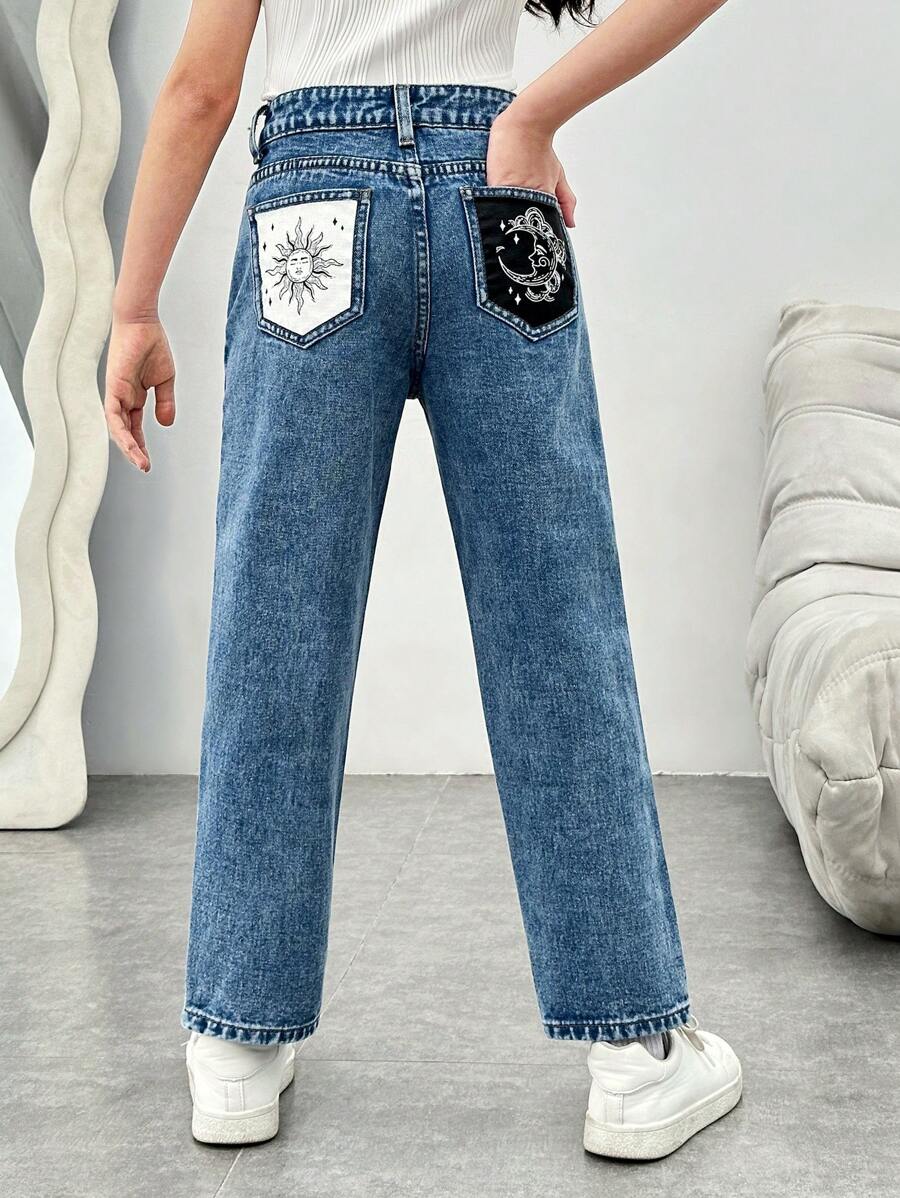 SHEIN Tween Girls' Sun, Moon, Human Face Embroidered Jeans - Medium Wash - View 1