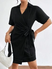 SHEIN Essnce Women'S Color Block Stitching Wrapped Belt Dress - Black - View 5