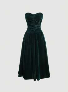 SHEIN MOD Women's Velvet Pleated Strapless Dress - Dark Green - View 1