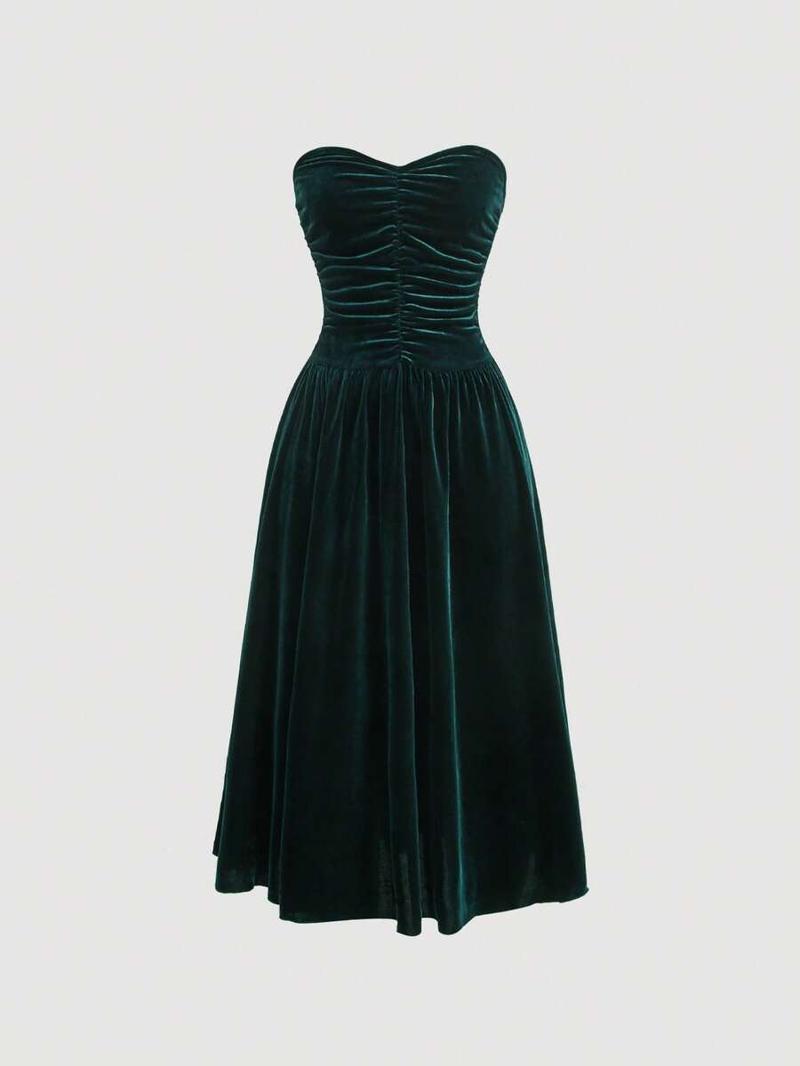 SHEIN MOD Women's Velvet Pleated Strapless Dress - Dark Green - View 1