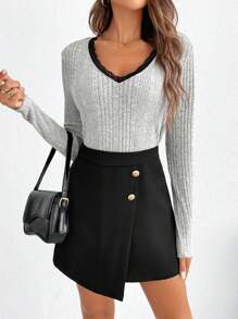 SHEIN Frenchy Women'S V-Neck Lace Decor Rib Brushed Skirt Set Winter Casual - Multicolor - View 5