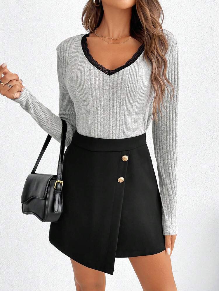 Women'S V-Neck Lace Decor Rib Brushed Skirt Set Winter Casual