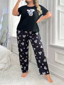 Conjunto De Pijama Con Pantalones Y Top De Manga Corta Con Estampado De Koala De Talla Grande